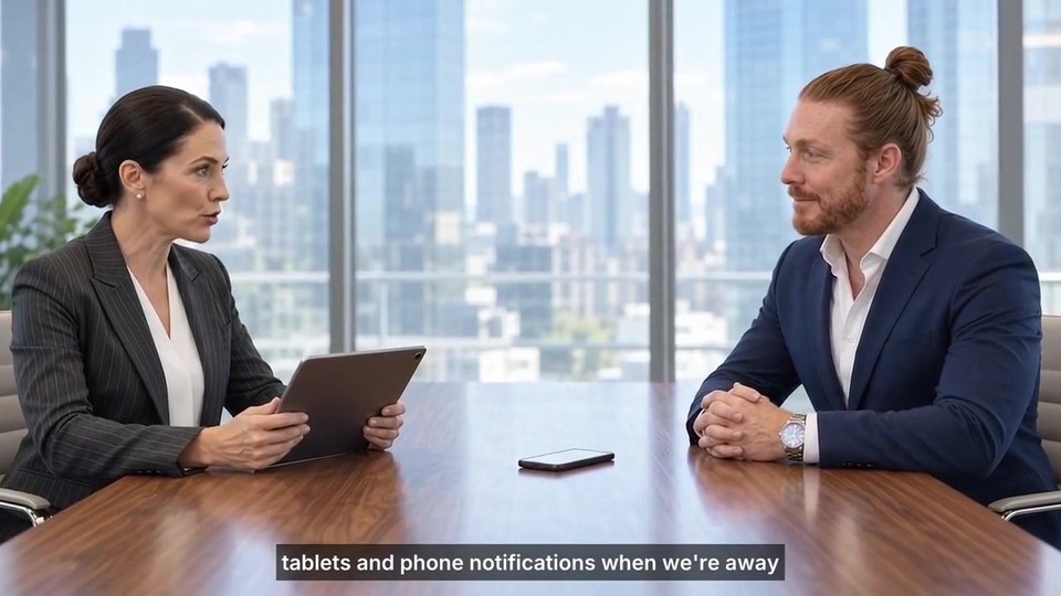 The presenter meeting a department head with a tablet in a boardroom
