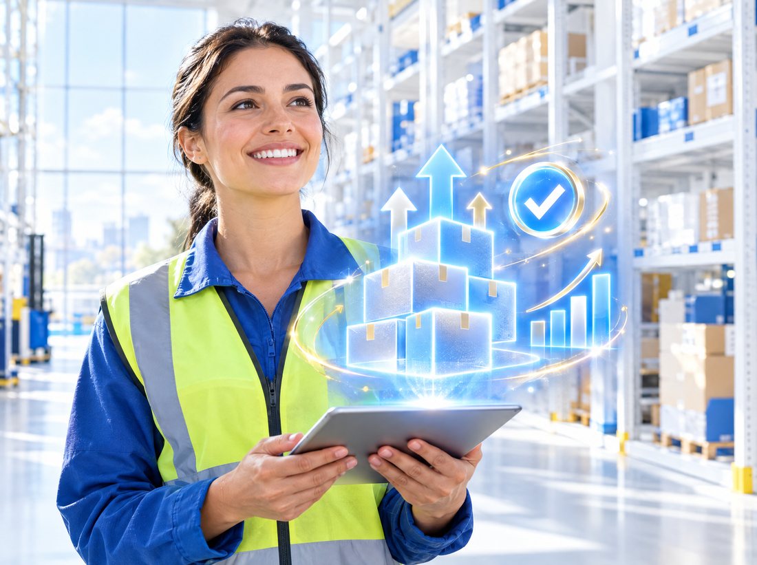 A smiling warehouse worker with a tablet and holographic inventory icons