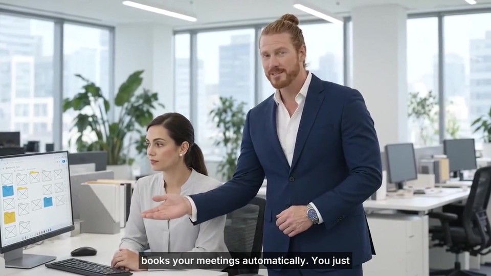 The presenter showing an office worker an email assistant on her screen